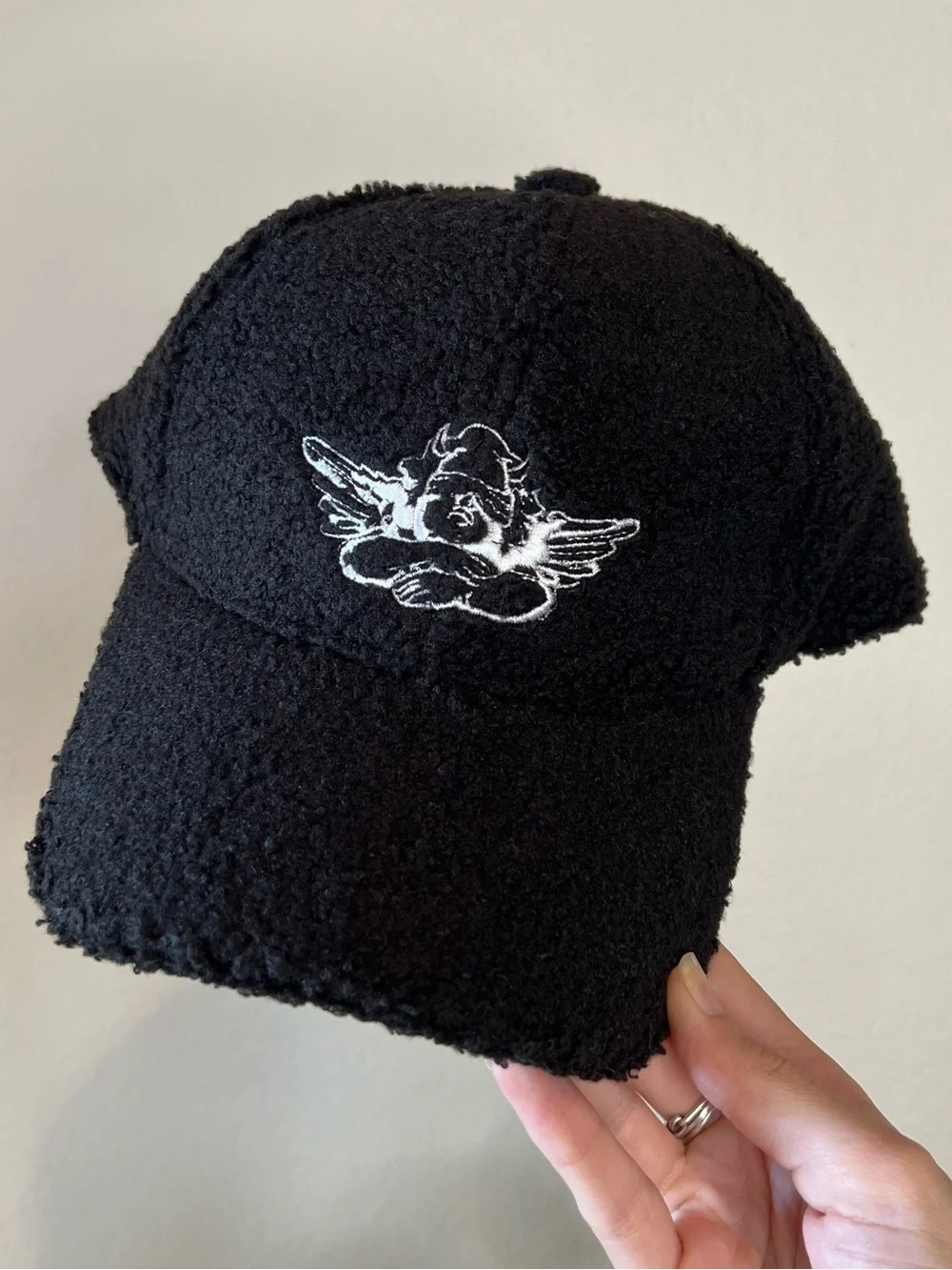 Like New! Boys Lie Black Sherpa Baseball Cap with White Angel Embroidery